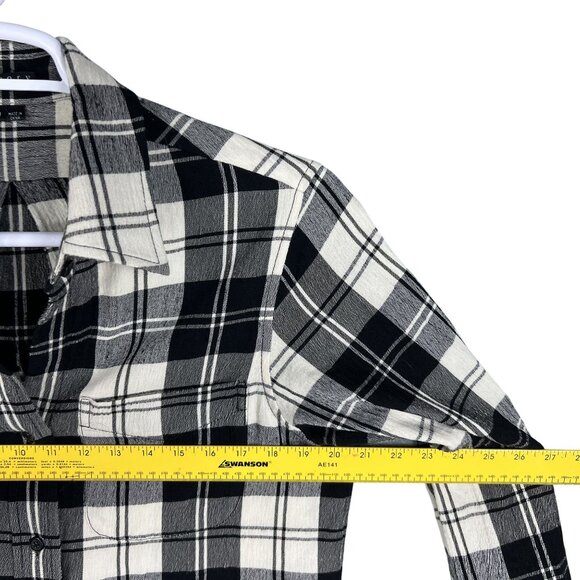 Theory Women 10 Black White Tartan Plaid Button Up Tunic Shirt Virgin Wool Blend - Picture 9 of 15